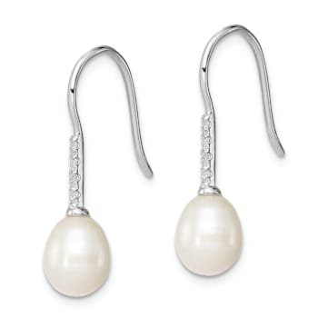 Rhodium Over Sterling Silver 7-8mm White Freshwater Cultured Pearl Cubic
Zirconia Dangle Earrings