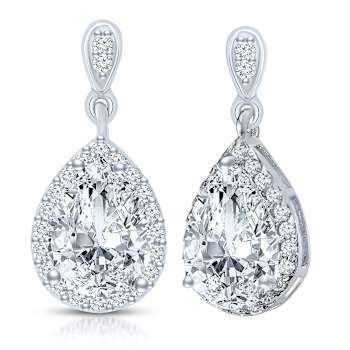 Pear Shape CZ Halo Drop Earrings In Sterling Silver