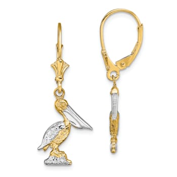 14K Two-tone Gold Textured 3D Standing Pelican Dangle Earrings
