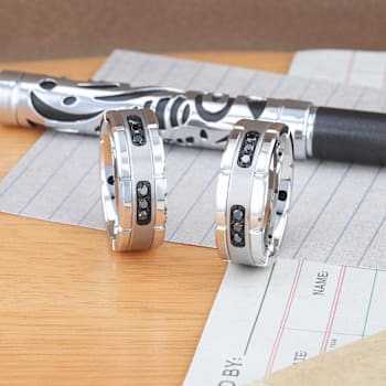 VALOR Grooved Tungsten Ring with Silver Inlay & Black Diamonds - 8mm