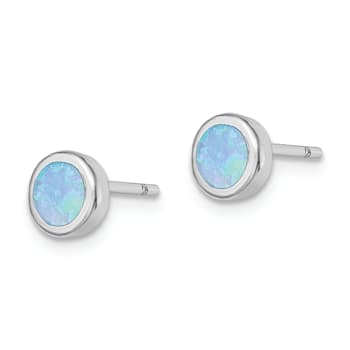 Rhodium Over Sterling Silver Polished Blue Created Opal Round Stud Earrings