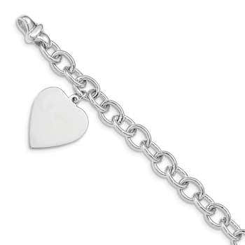 Rhodium Over 14k White Gold Polished Link with Heart Charm Bracelet
