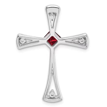 Rhodium Over 14k White Gold Garnet and Diamond Cross Chain Slide Pendant