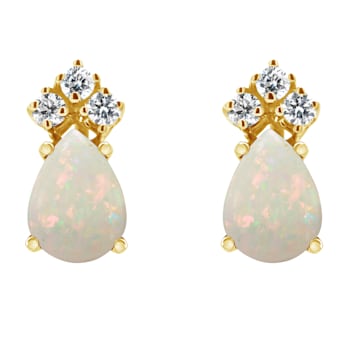 7x5mm Pear Shape Opal with Diamond Accents 14k Yellow Gold Stud Earrings