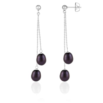 7-7.5mm Black Cultured Freshwater Pearl Rhodium Over Sterling Silver Earrings