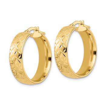 14k Yellow Gold Polished Textured 15/16" Hoop Earrings