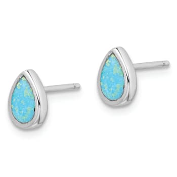 Rhodium Over Sterling Silver Polished Blue Created Opal Teardrop Stud Earrings