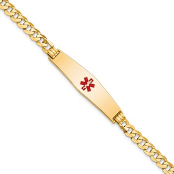 14k Yellow Gold Medical Soft Diamond Shape Red Enamel Flat Curb Link ID Bracelet