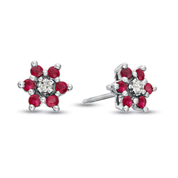 0.58ctw Ruby and Diamond Flower Cluster Earrings in 14k White Gold