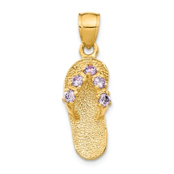 14k Yellow Gold Textured 3D February Cubic Zirconia Birthstone Flip Flop Pendant