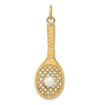 14k Yellow Gold Textured Tennis Racquet with Freshwater Pearl Charm