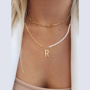 14K Gold Over Brass Initial Pearl Simulant Link Chain Necklace Letter R