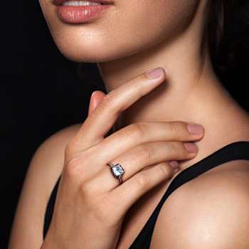 Aquamarine and Black Diamond 10K White Gold Halo Ring 0.99ctw