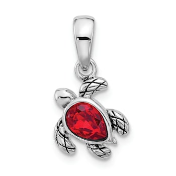 Rhodium Over Sterling Silver Antiqued Crystal July Birthstone Turtle Pendant