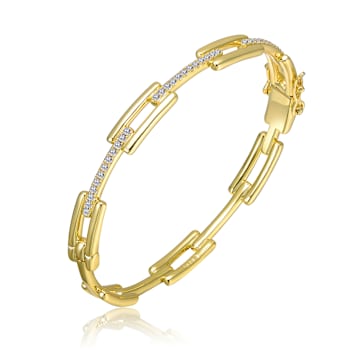 CZ Pave Rectangular Link Bracelet In 14K Gold Over Brass