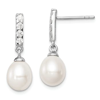 Rhodium Over Sterling Silver 8-9mm White Freshwater Cultured Pearl Cubic
Zirconia Post Earrings