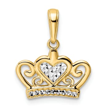 14K Yellow Gold with White Rhodium Diamond-Cut Heart Crown Pendant