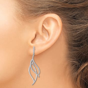 Rhodium Over Sterling Silver Cubic Zirconia Leaf Dangle Earrings