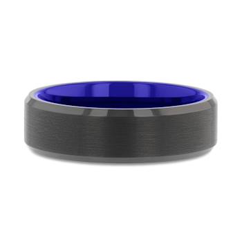 RIGEL Flat Beveled Edges Black Tungsten Ring with Brushed Center and
Vibrant Blue Ceramic Inside 6mm