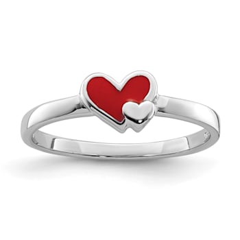 Rhodium Over Sterling Silver Red Enameled Double Heart Children's Ring