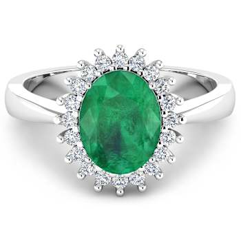 1.19ctw Green Emerald and Diamond 14K White Gold Halo Ring