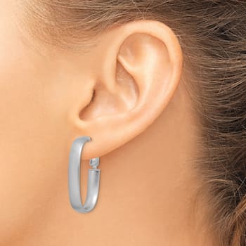 Rhodium Over 14k White Gold Satin 1 1/8" Oval Hoop Earrings