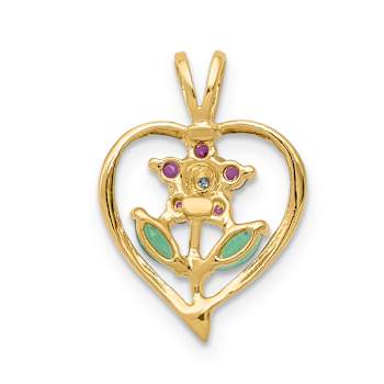 14K Two-tone Gold  Siam Ruby, Emerald and Diamond Flower Heart Pendant
