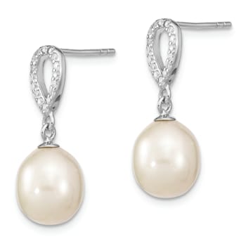 Rhodium Over Sterling Silver 8-9mm Rice FWC Pearl Cubic Zirconia Post
Dangle Earrings