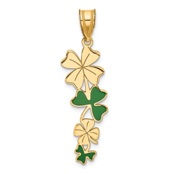 14K Yellow Gold Polished with Green Enameled Clovers Pendant