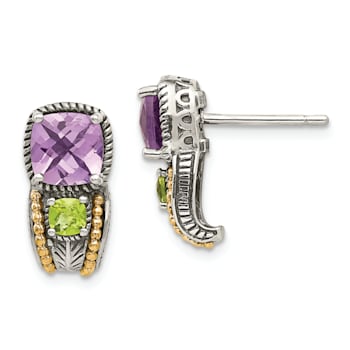 Sterling Silver Antiqued with 14K Accent Amethyst and Peridot Earrings