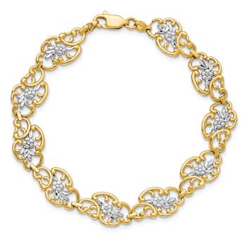 14k Two-tone Gold Diamond-Cut Fancy Flower Link Bracelet