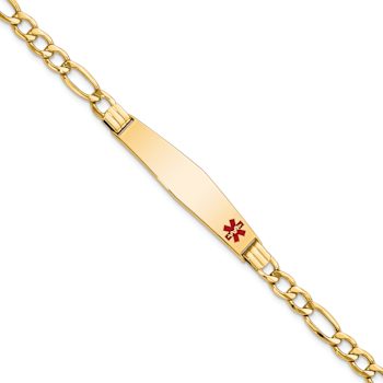 14k Yellow Gold Medical Soft Diamond Shape Red Enamel Figaro Link ID Bracelet