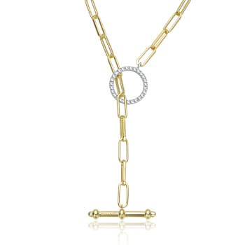 Pave CZ Paperclip Link Chain Necklace In 14K Gold Over Brass 16 Inch