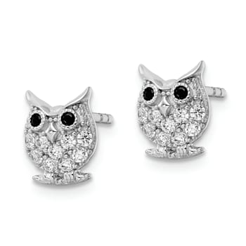 Rhodium Over Sterling Silver Black and White Cubic Zirconia Owl Post Earrings