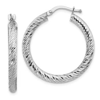 Rhodium Over 14k White Gold 1 1/8" Diamond-Cut Round Hoop Earrings