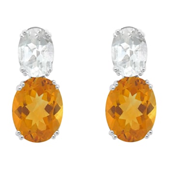 9x7mm Oval Citrine And White Topaz Rhodium Over Sterling Silver Earrings