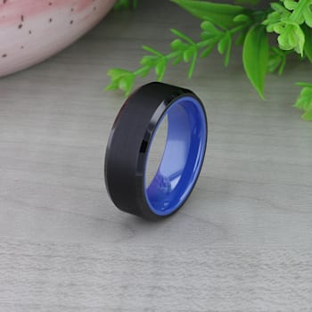 RIGEL Flat Beveled Edges Black Tungsten Ring with Brushed Center and
Vibrant Blue Ceramic Inside 8mm
