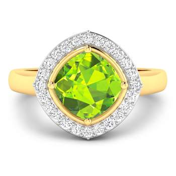Cushion Cut Green Peridot and White Diamond 14K Yellow Gold Halo Ring
2.26 ctw