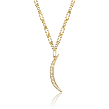 Crescent Moon CZ Charm Necklace In 14K Gold Over Brass