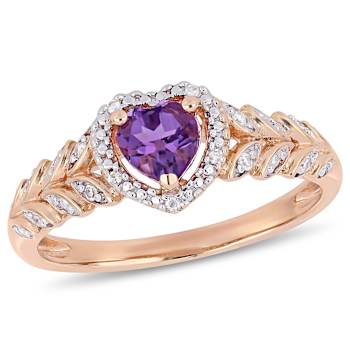 Amethyst and Diamond 10K Rose Gold Heart Ring 0.45ctw