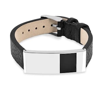Mens Black Leather and Stainless Steel Bracelet