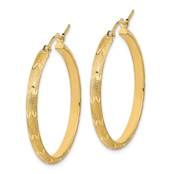 14k Yellow Gold 1 1/4" Polished Satin and Diamond-Cut Hoop Earrings