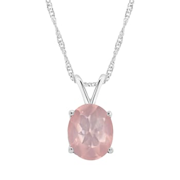 10x8mm Oval Rose Quartz Rhodium Over Sterling Silver Pendant With Chain