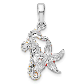 Rhodium Over Sterling Silver Enameled Starfish and Seahorse Pendant