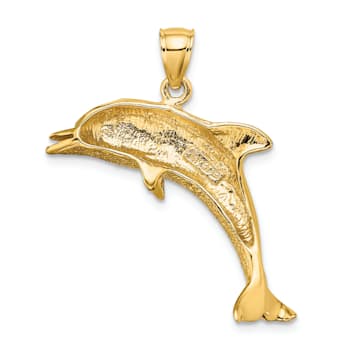 14k Yellow Gold Polished and Textured Jumping Dolphin Pendant