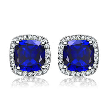 Sapphire Color CZ Halo Stud Earrings In Sterling Silver