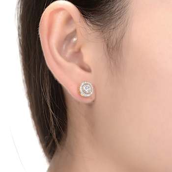 CZ Halo Stud Earrings In 14K Gold Over Brass