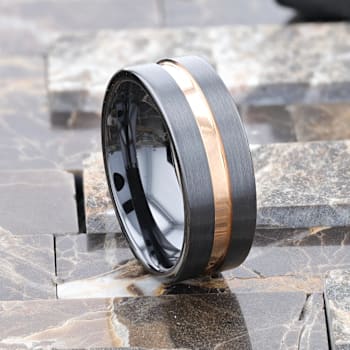 VENICE Black Ceramic Wedding Band with Rose Gold Groove 8mm