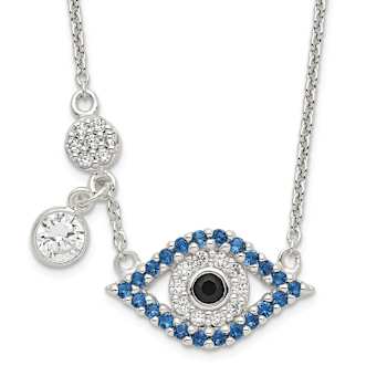 Multi-Color CZ Evil Eye Pendant Necklace In Sterling Silver 18 Inch