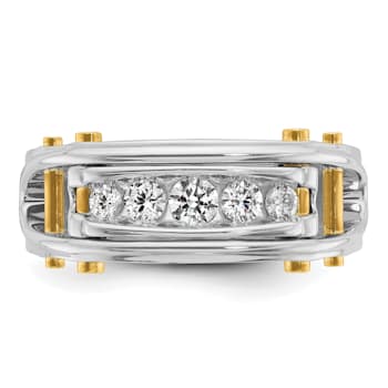 14K Yellow and White Gold Men's Polished Grooved Cut-Out 5-Stone Diamond Ring